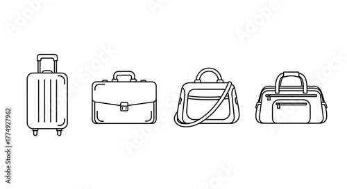Simple linear icons representing various types of luggage and bags, including a suitcase with wheels, a classic briefcase, a shoulder bag, and a duffel bag, presented in a minimalistic, clean line