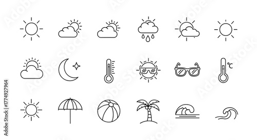 Minimalistic linear sun line icon set with editable stroke, featuring a bright sun, cloudy sun, rainy clouds, moon and star, thermometer, sunglasses, beach umbrella, beach ball, palm tree, and ocean