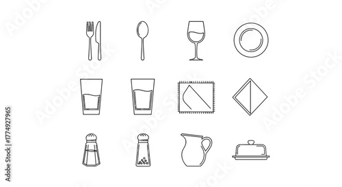 Set of thin line icons representing tableware and dining essentials, including cutlery, glasses, a wine glass, salt and pepper shakers, a pitcher, a plate, a napkin, and a butter dish, all rendered