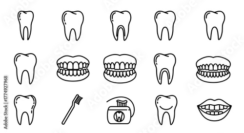 Modern Outline Style Icons of Teeth and Dental Elements for Design Projects, Including Cards, Apps, and Social Networks. This Ordered Set Features a Vector Cartoon Illustration on a White Background