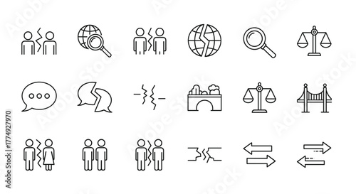 Social polarization line editable icon set, featuring concepts like broken relationships, global division, communication breakdown, legal disputes, and societal divides. Vector illustration with