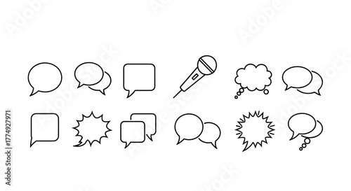 Collection of eight diverse speech bubble outlines and shapes, including circular, square, and jagged forms, presented as a clean vector pictogram set on a white background, ideal for graphic design