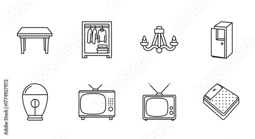 Collection of line art icons featuring a table, wardrobe with clothes, chandelier, vintage TV sets, a trash bin, and a calculator, perfect for infographics, articles, books, flyers, and banners, with