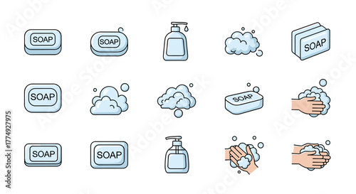 Set of cartoon vector illustrations depicting various forms of soap and handwashing, including bar soap, liquid soap dispenser, and frothy bubbles, symbolizing hygiene and cleanliness, perfect for