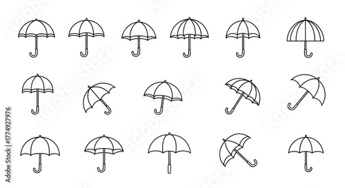 Collection of 15 simple line art illustrations of umbrellas, parasols, and bumbershoots in various open and closed positions, presented on a clean white background, perfect for graphic design, book