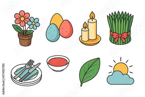 Spring symbols: easter eggs, candles, flowers, and nature elements illustrated in flat design