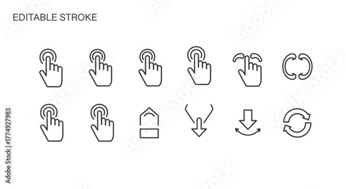 Collection of editable stroke line icons representing various touch gestures and digital interactions, including tapping, swiping, and rotating, presented as isolated vector illustrations on a clean