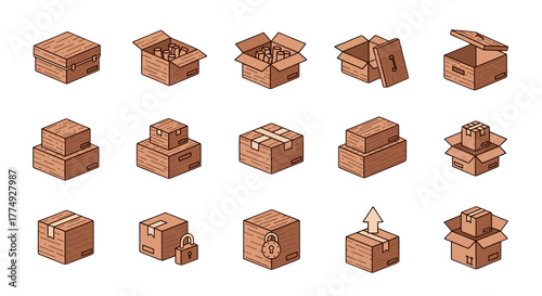 Set of isometric wooden boxes and crates in various states: closed, open, stacked, locked, and with shipping labels, rendered in a minimalistic thin icon style, perfect for web, graphic design, apps