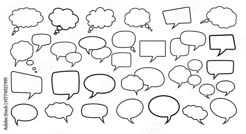 Collection of diverse outline speech bubbles and thought clouds, perfect for representing communication, dialogue, ideas, and information in infographics, articles, books, flyers, and banners