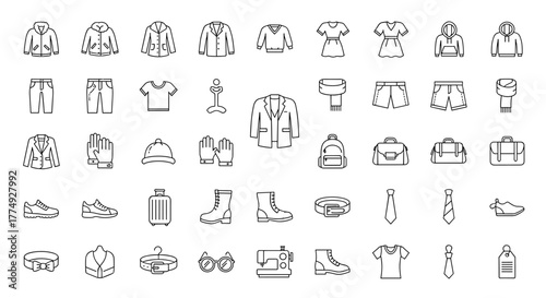 Collection of fashion and apparel line icons, including jacket, winter coat, sweatshirt, dress, hoody, jeans, hanger, and other clothing items, presented as a vector illustration with a flat design