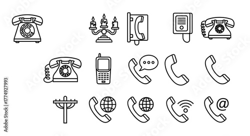 Vintage telephone line icon collection, outline signs for graphic and web design, apps, adverts, various cards, vector cartoon illustration with a white background, retro communication symbols