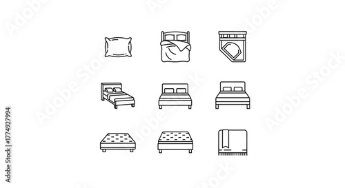 Minimalist outline vector illustration of a bedding line icon set, featuring a pillow, duvet cover, sheet, single and double bed, mattress, and blanket icons, perfect for home decor and sleep-related