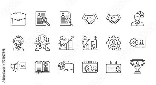 Set of modern line style web icons for recruitment and career development, including briefcase, resume search, handshake, candidate profile, HR team, career growth charts, job search megaphone, open