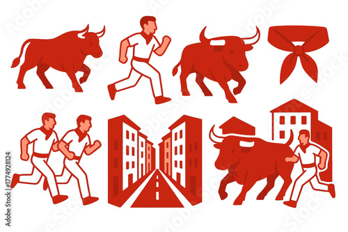 Red silhouette scenes of running with bulls and small town theme