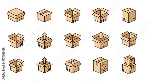 Collection of beige cardboard box icons in a minimalistic linear pictogram style, perfect for web and graphic design, apps, banners, social networks, and cards, representing shipping, delivery, and