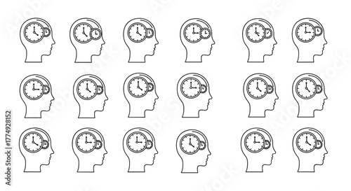 A set of 15 linear vector illustrations depicting a clock face inside a stylized human head silhouette, presented on a clean white background. Each illustration showcases subtle variations in the