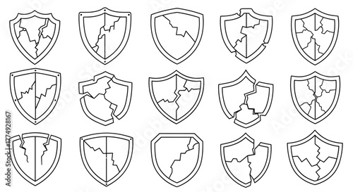 A cracked shield outline illustration, rendered in a vivid cartoon style, perfect for graphic and web design, apps, adverts, and various card designs. This versatile vector graphic features a clean
