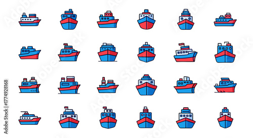 Collection of Blue and Red Ship Icons: A Set of Minimalistic, Flat Design Pictograms for Web, Graphic Design, Apps, Banners, Social Networks, and Cards, Featuring Various Ship Styles and Perspectives