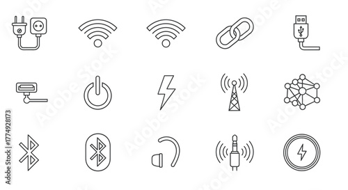 Collection of clean line art icons representing various connection and technology concepts, including power plugs, Wi-Fi signals, chain links, USB ports, cameras, power buttons, lightning bolts, cell