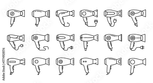 Vivid and descriptive outline linear symbol of a hair dryer, perfect for graphic and web design, apps, adverts, and various cards. This vector cartoon illustration on a white background is ideal for