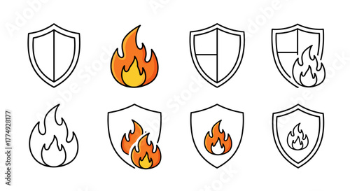 Set of stylized fire icons and shield outlines, representing protection, security, and danger, perfect for graphic design, web development, app interfaces, advertising, and various card applications