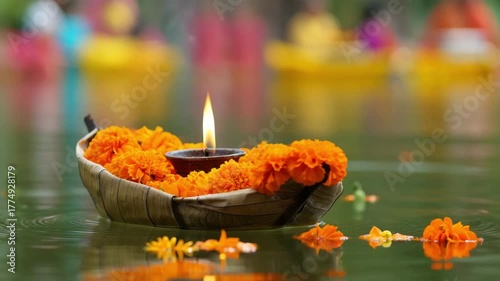 Leaf bowl with marigold flowers, lit diya floating on river water, Kartik Purnima festival offering, devotional prayer on ghats, cultural ritual, sacred light, quiet water surface, prayers
