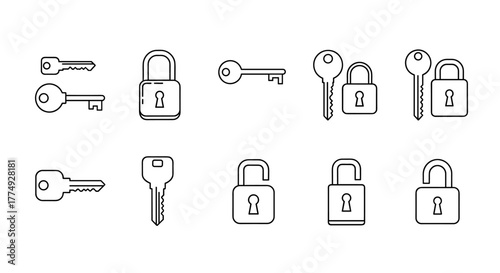 Set of outline icons representing keys and locks, including closed and open padlocks, and various key designs, suitable for graphic and web design, apps, adverts, and cards, presented as a clean