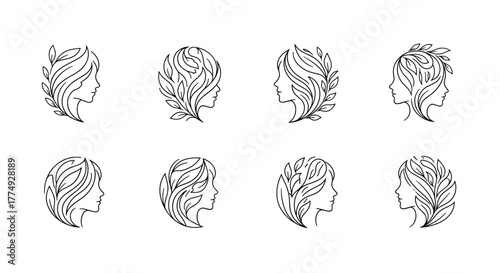 Elegant line art logo designs featuring profiles of women with hair styled as intricate floral arrangements, presented as a set of vector cartoon illustrations on a clean white background, perfect