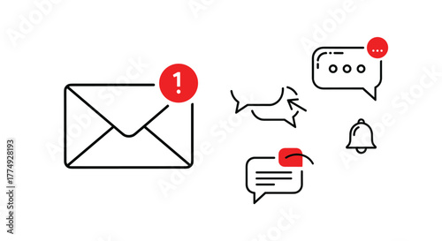 Vector illustration of communication icons including a new message notification on an envelope, social media chat bubbles with dots indicating activity, a reply arrow, and a bell icon, all rendered