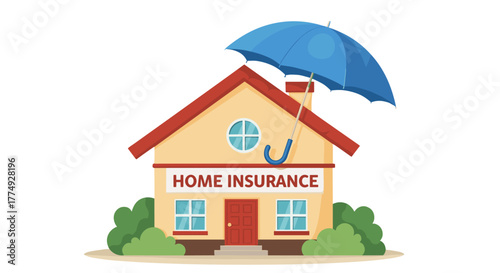 Vibrant cartoon illustration of a house under a protective blue umbrella, symbolizing home insurance coverage against risks and unforeseen events, ideal for financial services, real estate, and