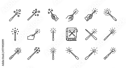 Collection of thin, editable stroke icons representing magic wands, suitable for web design, book illustrations, greeting cards, and mobile applications, presented as a vector cartoon illustration on