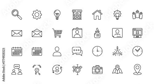 Bundle of Thin Icons with Editable Stroke, Suitable for Websites, Books, Cards, Apps, Vector Cartoon Illustration on a White Background, Ordered Set of Essential Graphic Elements for Digital and
