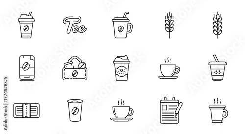 Collection of simple line art icons representing coffee and tea culture, including takeaway cups, steaming mugs, coffee beans, wheat grains, and related items like booklets and cards, perfect for