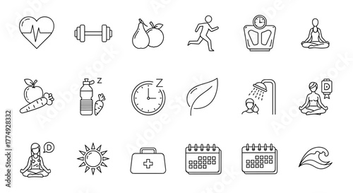 Collection of outline symbols representing a healthy lifestyle, fitness, and wellness, ideal for apps, websites, banners, and infographics. This set includes icons for heart rate, dumbbells, fruits