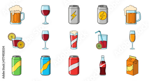Collection of diverse beverage icons including frothy beer mugs, wine glasses, energy drink cans with lightning bolts, colorful soda cans, refreshing cocktails with citrus slices, a bottle of cola