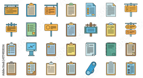 A vibrant collection of cartoon vector illustrations featuring various signs, documents, and clipboards, perfect for apps, websites, banners, and infographics, offering a versatile design toolkit for