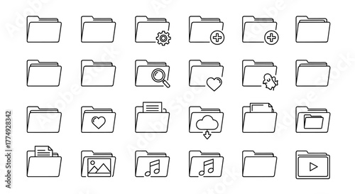 Modern outline style computer folder icons for design, cards, apps, and social networks, presented as a vivid, ordered set on a clean white background, perfect for digital interfaces and creative