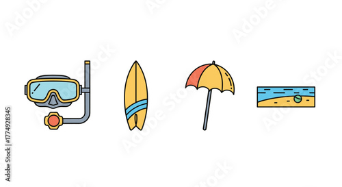 Vibrant flat design vector illustration set featuring essential beach and water sports icons: a snorkeling mask, a surfboard, a beach umbrella, and a serene ocean scene with a sandy shore, perfect