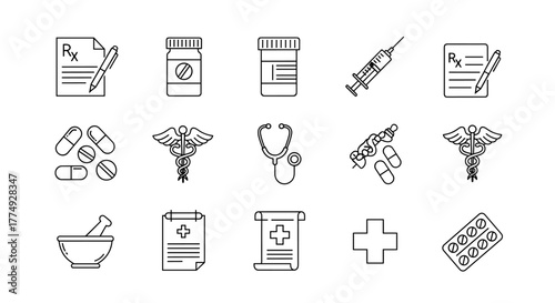 A collection of thin, editable stroke icons representing medical and pharmaceutical elements, perfect for web, books, cards, and apps, presented as a vector cartoon illustration on a white background.