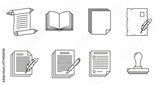 Collection of outline vector graphics depicting historical and modern documents, including a scroll, an open book, stacks of paper, a document with a quill pen, another with a fountain pen, a