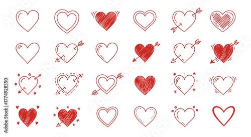 A diverse collection of 20 hand-drawn red heart icons, sketched in a doodle style, featuring various designs like simple outlines, double lines, hearts pierced by arrows, and hearts with radiating