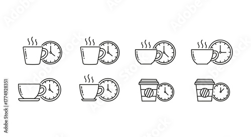 Minimalistic outline icons of coffee cups and clocks, representing time for coffee breaks, morning routines, and daily schedules. This vector illustration set is perfect for web design, graphic