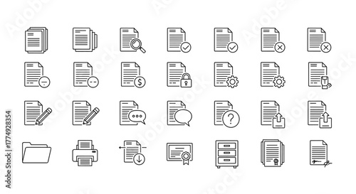 Document line icon set, representing a collection of different document symbols and variations, including stacks of papers, editing, search, financial, security, settings, communication, and status