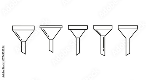 Collection of five simple linear outline funnels with editable strokes, perfect for web sites, books, cards, and apps, presented as a vector cartoon illustration on a white background, symbolizing