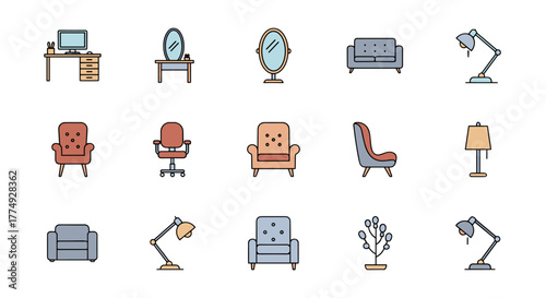 Collection of simple flat design icons representing furniture and home decor essentials, including a desk with computer, vanity mirror, office chair, armchairs, sofa, table lamps, and a potted plant