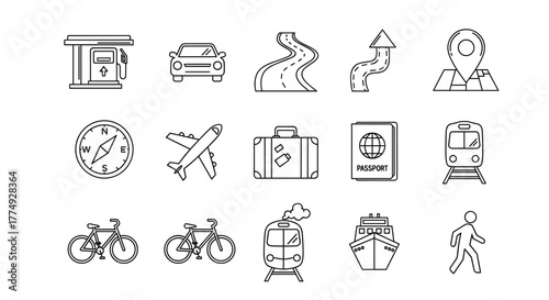 Collection of simple, isolated line icons representing a gas station, car, road, and map pin, perfect for web, books, cards, and apps. Editable stroke for versatile use in cartoon illustrations and