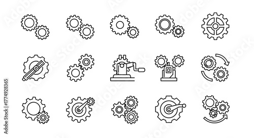 Collection of editable stroke line icons representing gears and cogwheels, symbolizing mechanisms, industry, and technology. Perfect for infographics, articles, books, flyers, and banners, showcasing