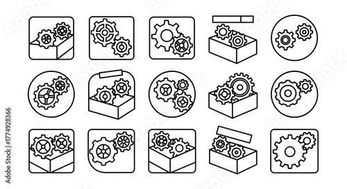 Collection of outline icons featuring gears in boxes and circles, perfect for graphic design, web development, app interfaces, advertisements, and various card designs, presented as a vector cartoon