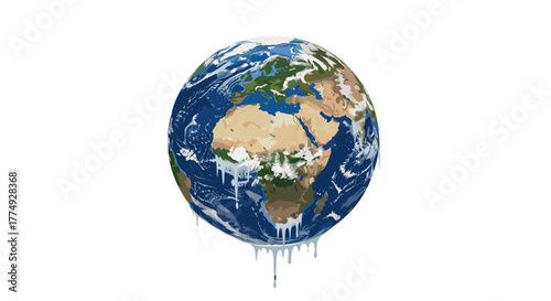 Melting Earth globe symbolizing global warming and climate change crisis, with icicles dripping from the planet, representing environmental disaster and the urgent need for conservation and