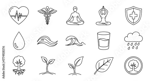 Collection of various health and nature-themed design elements, including water drops, trees, and abstract symbols, rendered in a clean, thin-line style, perfect for apps, articles, websites, and